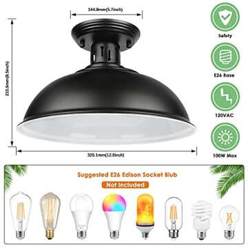 Farmhouse Semi Flush Mount Ceiling Light Fixture, E26 Base, Industrial Black Pendant Lamp Shade, Vin...