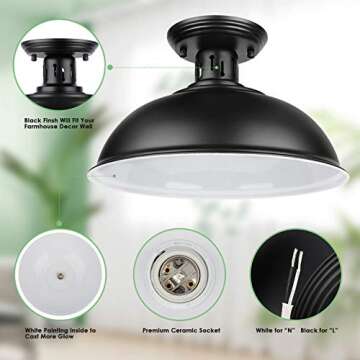 Farmhouse Semi Flush Mount Ceiling Light Fixture, E26 Base, Industrial Black Pendant Lamp Shade, Vintage Close to Ceiling Lighting for Kitchen Island Laundry Corridor Porch Foyer Hallway Entryway