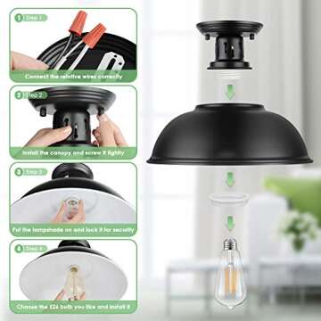 Farmhouse Semi Flush Mount Ceiling Light Fixture, E26 Base, Industrial Black Pendant Lamp Shade, Vintage Close to Ceiling Lighting for Kitchen Island Laundry Corridor Porch Foyer Hallway Entryway