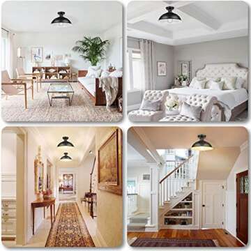 Farmhouse Semi Flush Mount Ceiling Light Fixture, E26 Base, Industrial Black Pendant Lamp Shade, Vintage Close to Ceiling Lighting for Kitchen Island Laundry Corridor Porch Foyer Hallway Entryway