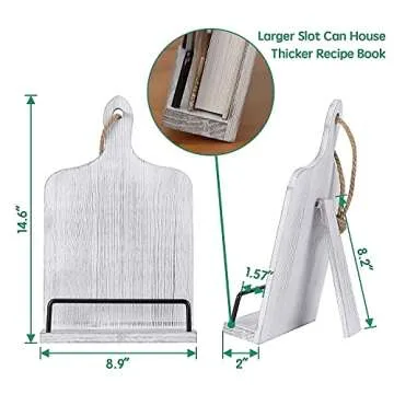Soligt Cookbook Stand for Kitchen Counter Adjustable Recipe Book Holder Rustic Wood Cutting Board Style - White