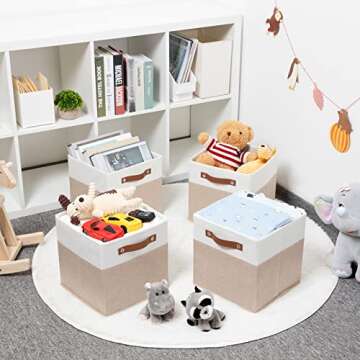 HNZIGE 11x11 Fabric Storage Bins with Leather Handles