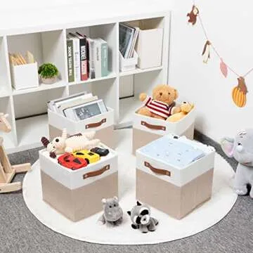 HNZIGE 11x11 Fabric Storage Bins with Leather Handles