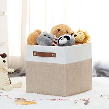 HNZIGE 11x11 Fabric Storage Bins with Leather Handles