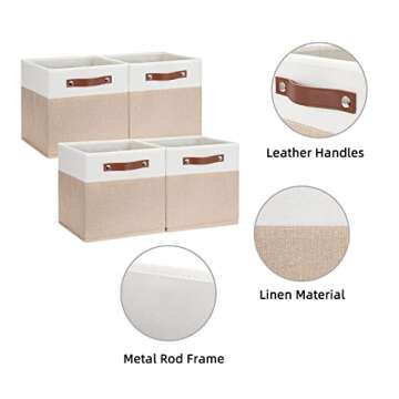 HNZIGE 11x11 Fabric Storage Bins with Leather Handles