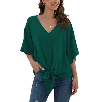 VIISHOW Womens Blouses Tie Front V Neck Loose Fit Summer Blouses Short Sleeve Shirt(Dark green,Large)