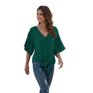 VIISHOW Womens Blouses Tie Front V Neck Loose Fit Summer Blouses Short Sleeve Shirt(Dark green,Large)