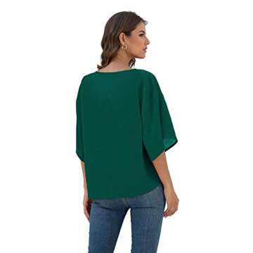 VIISHOW Womens Blouses Tie Front V Neck Loose Fit Summer Blouses Short Sleeve Shirt(Dark green,Large)