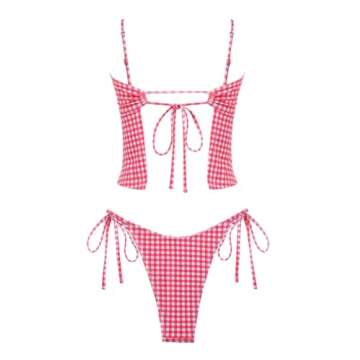 seamoly Gingham Cinched Back Bow Decor Tie Side Tankini Set, Red, M