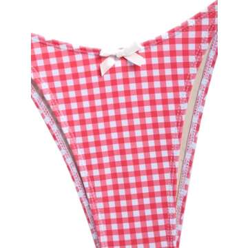 seamoly Gingham Cinched Back Bow Decor Tie Side Tankini Set, Red, M
