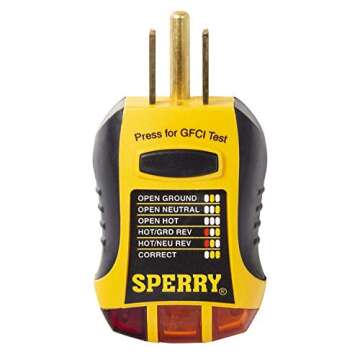 Sperry Instruments GFI6302 GFCI Outlet / Receptacle Tester, Standard 120V AC Outlets, 7 Visual Indic...