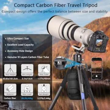 Compact Carbon Fiber Tripod – Heavy Duty 40mm Leg Tubes, Max Height 63.6in/162cm, Stable and Light...