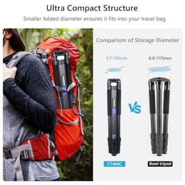 Compact Carbon Fiber Tripod – Heavy Duty 40mm Leg Tubes, Max Height 63.6in/162cm, Stable and Lightweight Travel Stand for DSLR, Video Cameras, Max Load 40kg, Portable for Photography Video Shooting