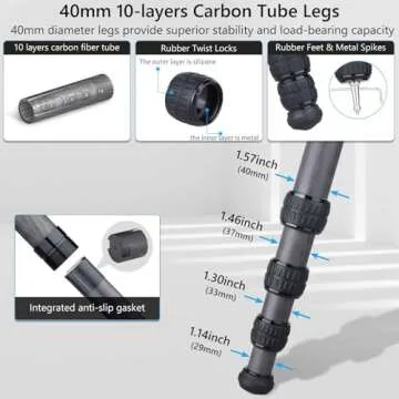 Compact Carbon Fiber Tripod – Heavy Duty 40mm Leg Tubes, Max Height 63.6in/162cm, Stable and Lightweight Travel Stand for DSLR, Video Cameras, Max Load 40kg, Portable for Photography Video Shooting