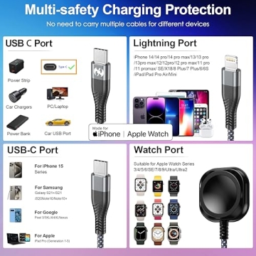 Upgraded Apple Watch Charger 2FT Magnetic Multi Charging Cable Nylon Braided USB C Port to Lightning Type-C Cord iWatch Wireless Charger 3 in 1 Charging Wire for Airpods Apple iPhone iPad iWatch Phone
