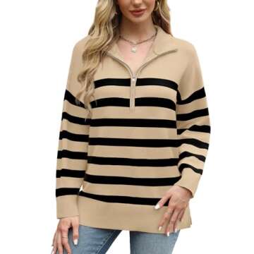 WIHOLL Sweaters for Women Casual Cute Long Sleeve Quarter Zip Pullover Striped Tops Trendy Fashion 2...