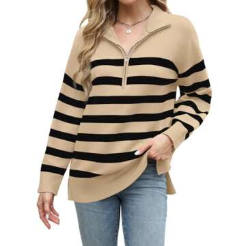 WIHOLL Sweaters for Women Casual Cute Long Sleeve Quarter Zip Pullover Striped Tops Trendy Fashion 2024 Loose Fit Apricot XL