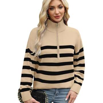 WIHOLL Sweaters for Women Casual Cute Long Sleeve Quarter Zip Pullover Striped Tops Trendy Fashion 2024 Loose Fit Apricot XL