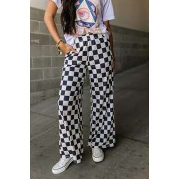 Sunloudy Womens Checkered Wide Leg Pants High Elastic Waisted Straight Loose Fitted LoungeTrouser Streetwear (Black, M)
