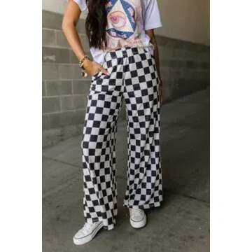 Sunloudy Womens Checkered Wide Leg Pants High Elastic Waisted Straight Loose Fitted LoungeTrouser Streetwear (Black, M)