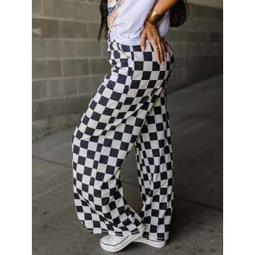 Sunloudy Womens Checkered Wide Leg Pants High Elastic Waisted Straight Loose Fitted LoungeTrouser Streetwear (Black, M)