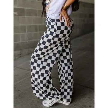 Sunloudy Womens Checkered Wide Leg Pants High Elastic Waisted Straight Loose Fitted LoungeTrouser Streetwear (Black, M)