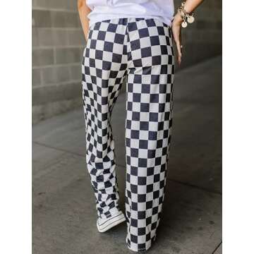 Sunloudy Womens Checkered Wide Leg Pants High Elastic Waisted Straight Loose Fitted LoungeTrouser Streetwear (Black, M)