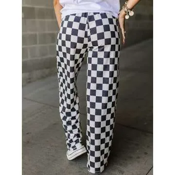 Sunloudy Womens Checkered Wide Leg Pants High Elastic Waisted Straight Loose Fitted LoungeTrouser Streetwear (Black, M)