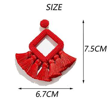 Long Tassel Earrings Statement Bohemian Pom Ball Handmade Drop Dangle Earrings for Women