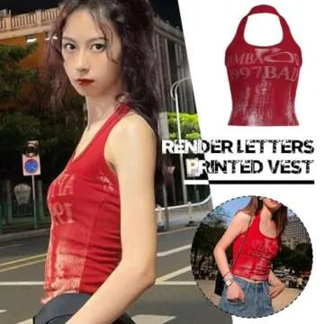 Women's Vintage Print Halter Neck Crop Top,Sexy Crop Tops for Women,Sleeveless Tank Tops,Vintage Cami Tank Tops (red L)