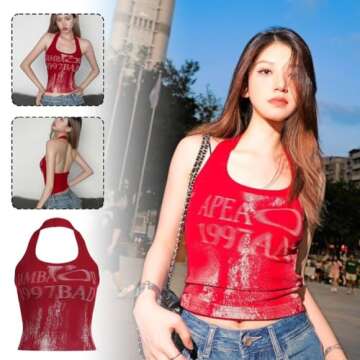 Women's Vintage Print Halter Neck Crop Top,Sexy Crop Tops for Women,Sleeveless Tank Tops,Vintage Cami Tank Tops (red L)
