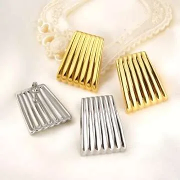 Floramos Gold Ribbed Trapezoid Earrings for Women - Trendy Chunky Geometric 18K Gold Statement Accessories