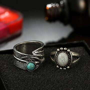 Asphinien 8 Pcs Bohemian Joint Knuckle Rings Set Oval Turquoise Finger Ring Opal Gemstone Teardrop Midi Rings Punk Leaf Index Ring for Women