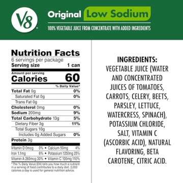 V8 Low Sodium 100% Vegetable Juice - 6 Pack of 11.5 fl oz Cans