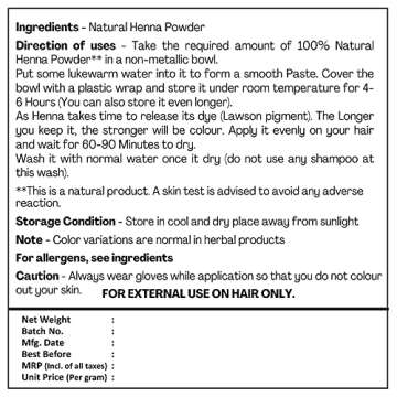 H&C 100% Natural and Pure Henna Powder/Lawsonia Inermis 227 gms (1/2 LB) for Hair