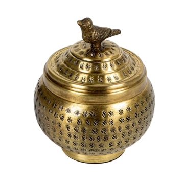 Brass Round Hammered Metal Container with Bird Finial