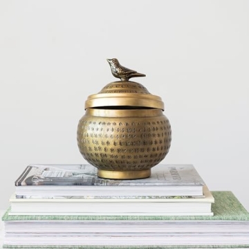 Brass Round Hammered Metal Container with Bird Finial