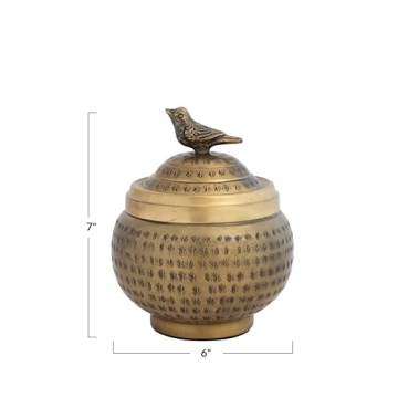 Brass Round Hammered Metal Container with Bird Finial