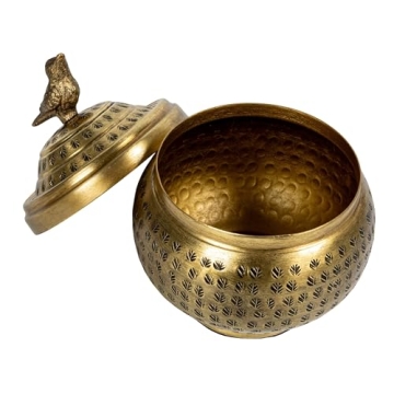 Brass Round Hammered Metal Container with Bird Finial