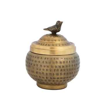 Brass Round Hammered Metal Container with Bird Finial
