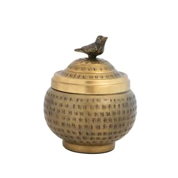 Brass Round Hammered Metal Container with Bird Finial
