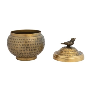 Brass Round Hammered Metal Container with Bird Finial