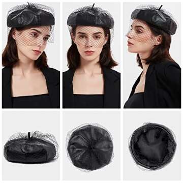 Beret Hats for Women PU Leather Newsboy Fiddler Cap with Veil Casual Baker Boy Captain Hat Octagonal-Black