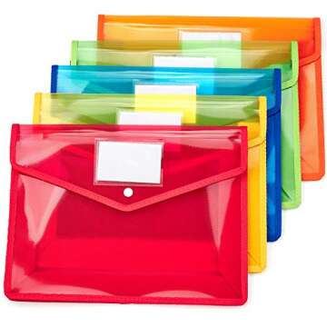 Plastic File Folder Poly Envelope Expanding File Wallet Document Folder with Snap Button Closure, Legal Size, 5 Pack Large Waterproof Accordion File Pouch (Assorted Colors)