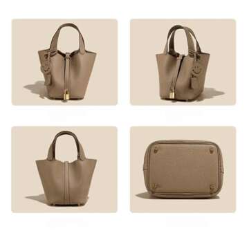 Genuine Leather-Handbags,Bucket- with Lock-Elegant & Fashionable-Portable,fashion-Female Bag (Golden brown)