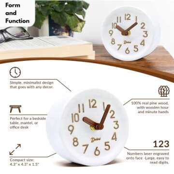 Driini Wooden Analog Desktop Clock – 4.3 in. Decorative Pinewood Clock, No-Tick Design – Easy to Read Silent Sweep Mantle Clock – Quiet Tabletop Clocks with Wood Body, Hands, & Battery Cover; White