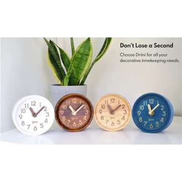 Driini Wooden Analog Desktop Clock – 4.3 in. Decorative Pinewood Clock, No-Tick Design – Easy to Read Silent Sweep Mantle Clock – Quiet Tabletop Clocks with Wood Body, Hands, & Battery Cover; White