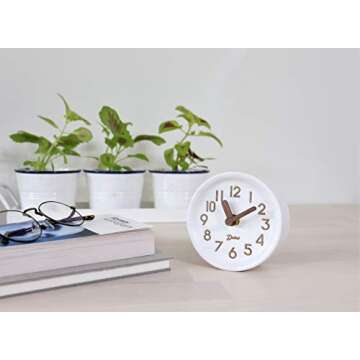 Driini Wooden Analog Desktop Clock – 4.3 in. Decorative Pinewood Clock, No-Tick Design – Easy to Read Silent Sweep Mantle Clock – Quiet Tabletop Clocks with Wood Body, Hands, & Battery Cover; White