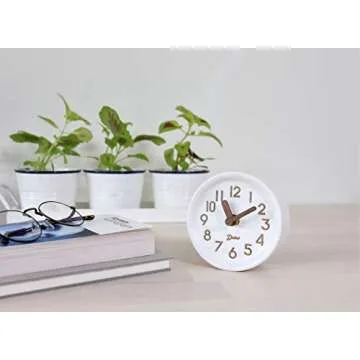 Driini Wooden Analog Desktop Clock – 4.3 in. Decorative Pinewood Clock, No-Tick Design – Easy to Read Silent Sweep Mantle Clock – Quiet Tabletop Clocks with Wood Body, Hands, & Battery Cover; White