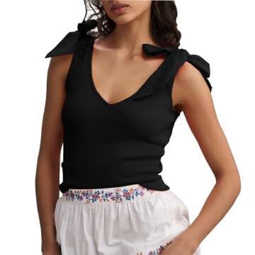 Cioatin Women Cute Bow Tie Shoulder Strappy Ribbed Knit Tank Tops Sleeveless V Neck Slim Fit Going O...